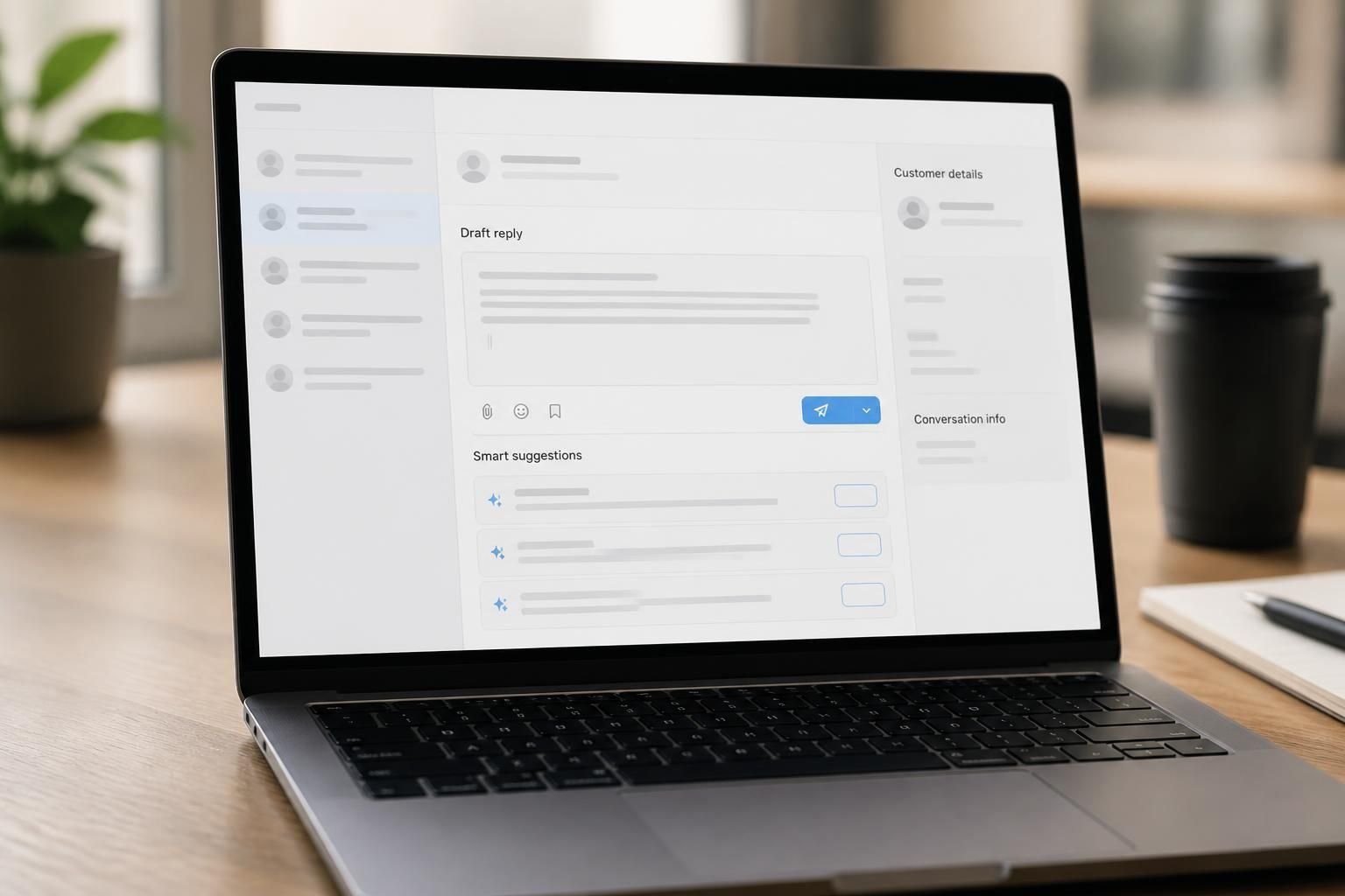 Laptop interface with suggested customer review responses.