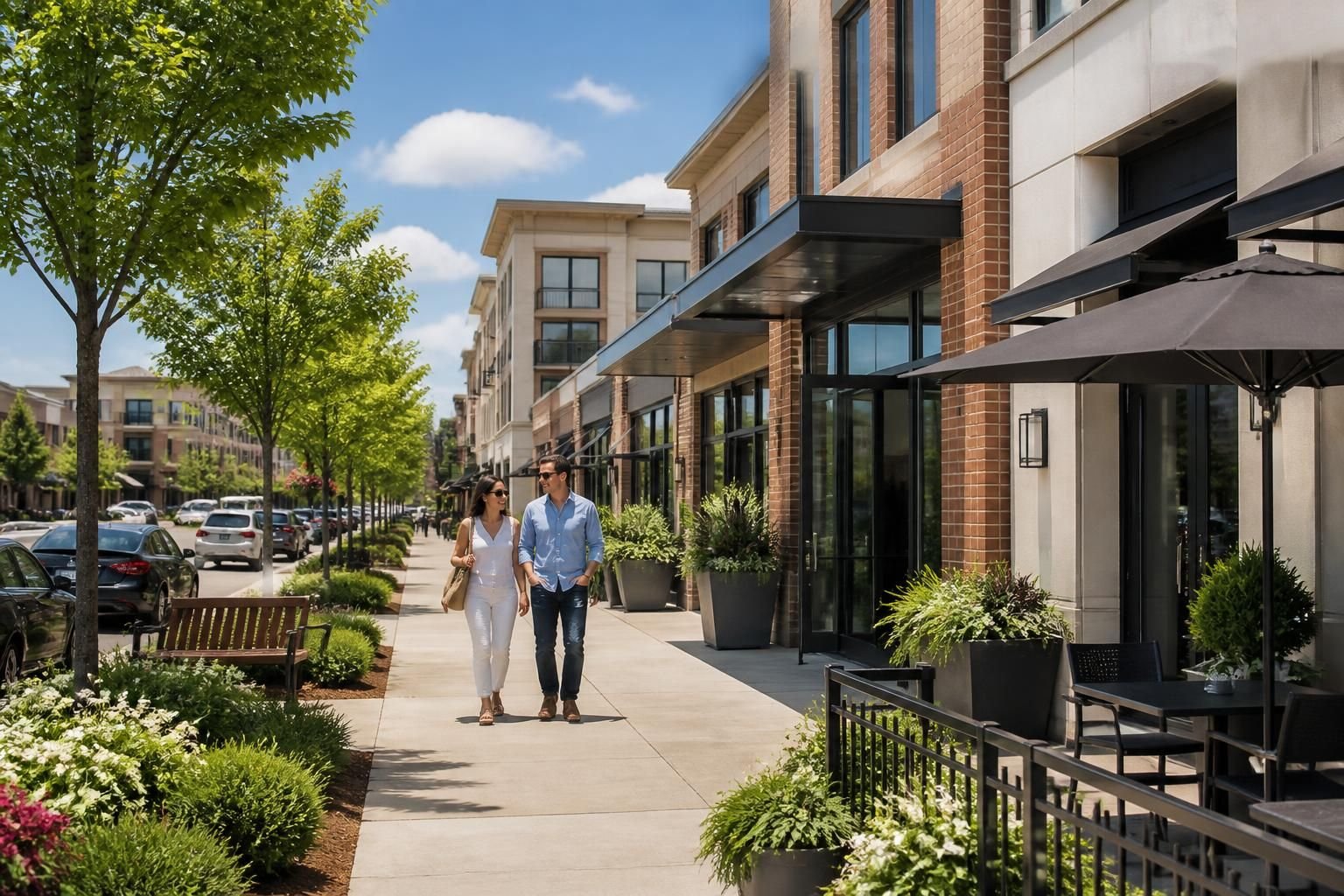 Upscale suburban business district in Alpharetta with landscaped sidewalks.