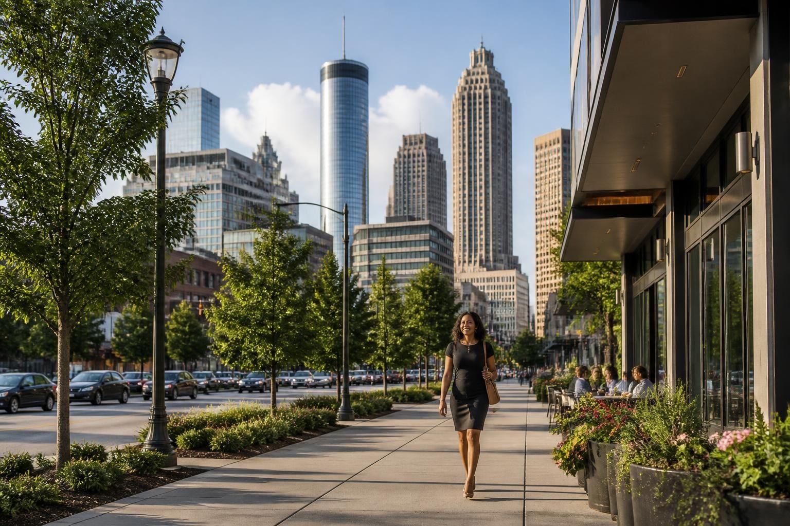 Urban business district scene in Atlanta with modern buildings.