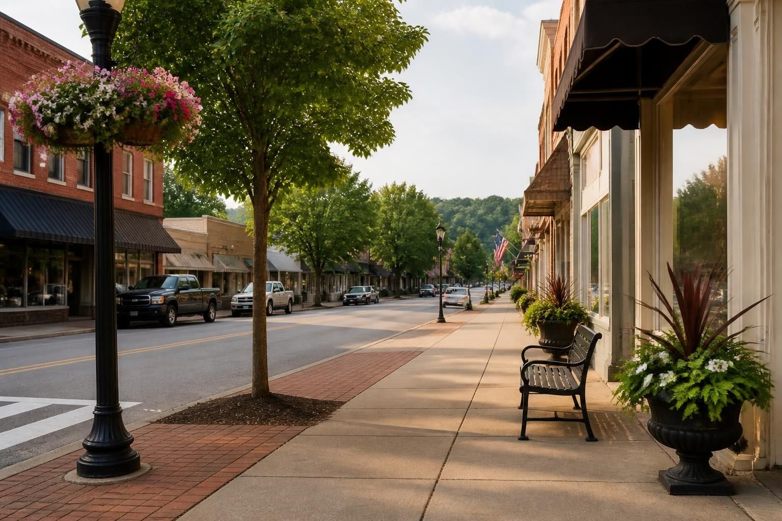 Small-town main street in Ball Ground with classic storefronts.