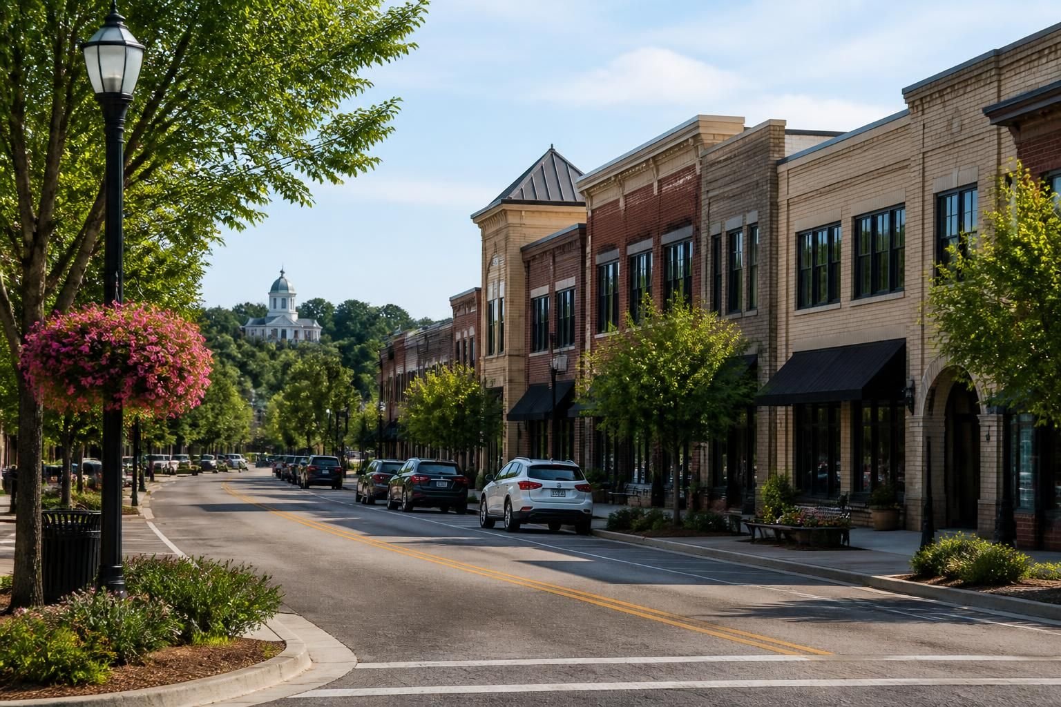 Suburban main street scene in Canton with mature greenery.