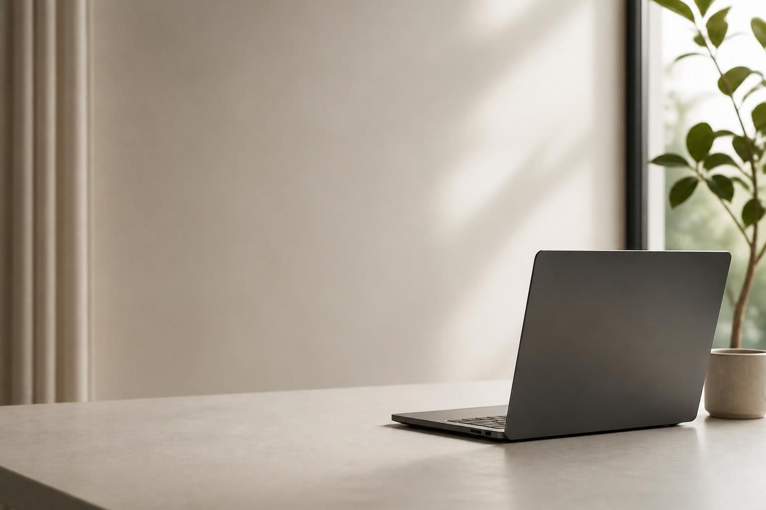 Modern workspace with open space beside a laptop.