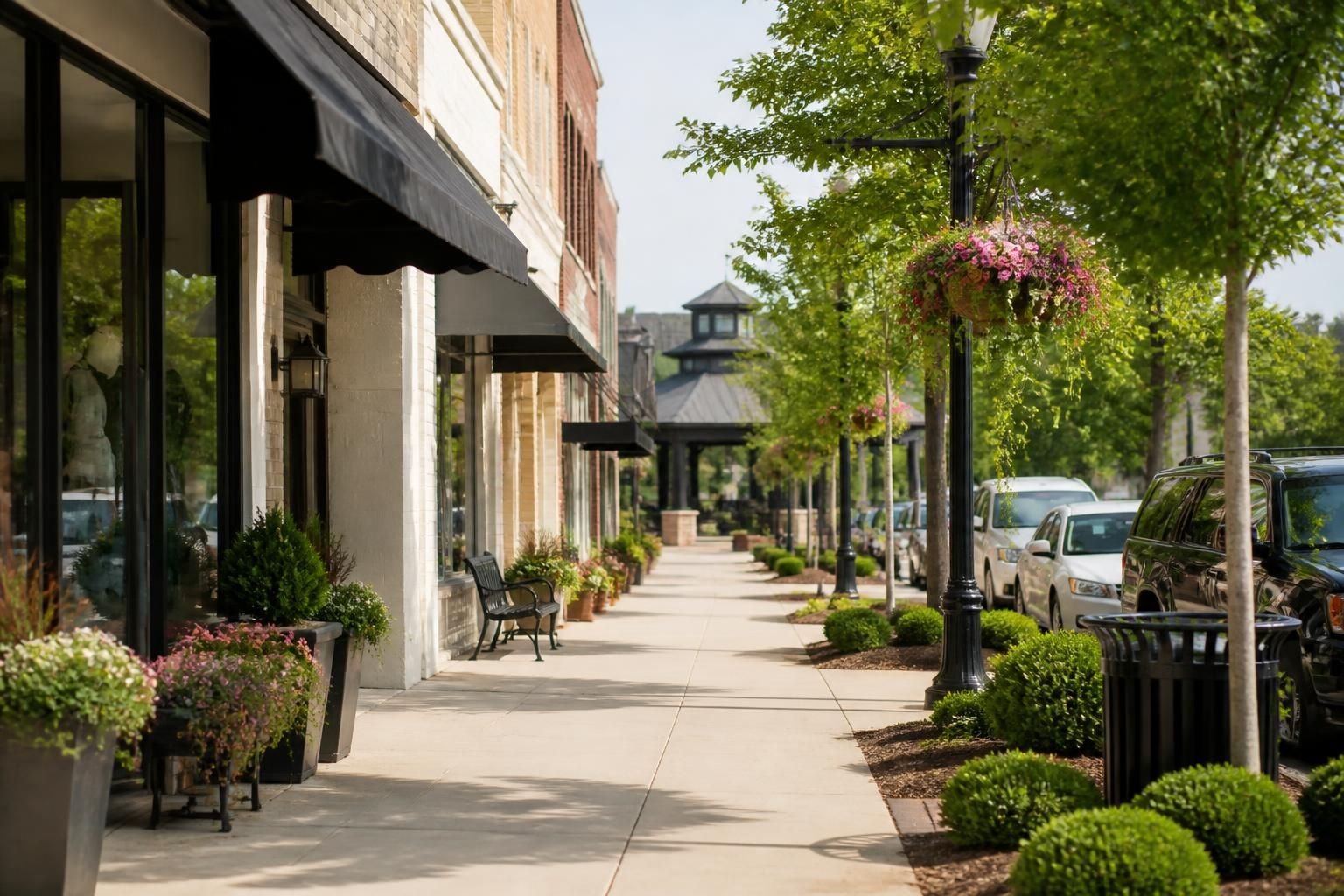 Small-city commercial corridor in Cumming with soft greenery.