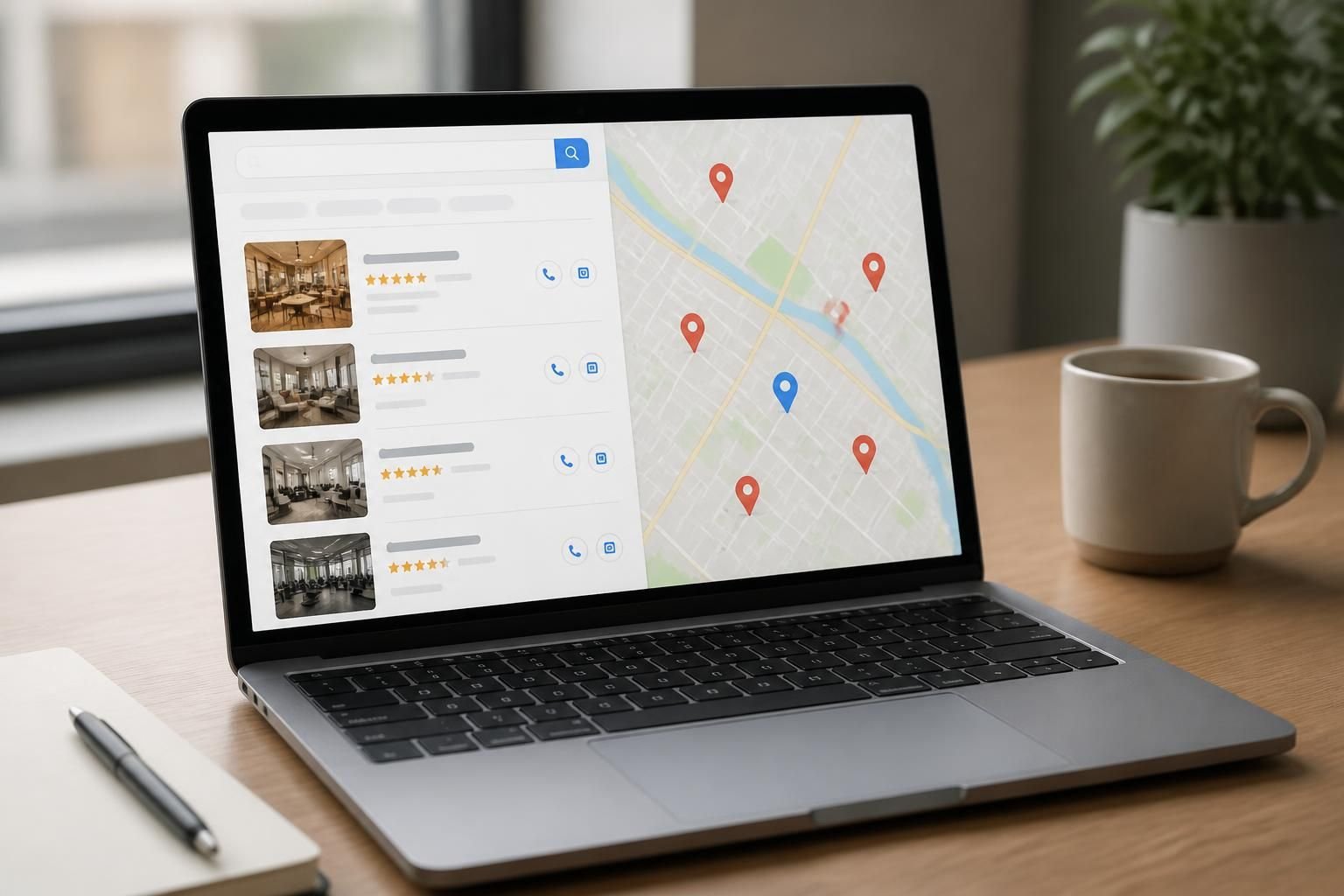Laptop beside a local search and map listing view.