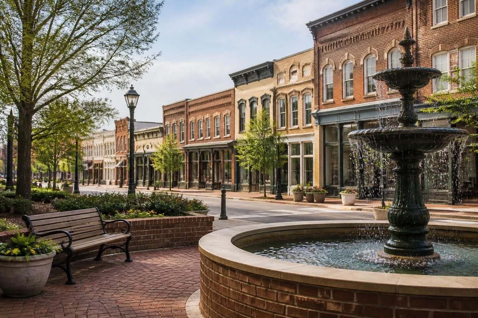 Historic downtown streetscape in Marietta with brick architecture.