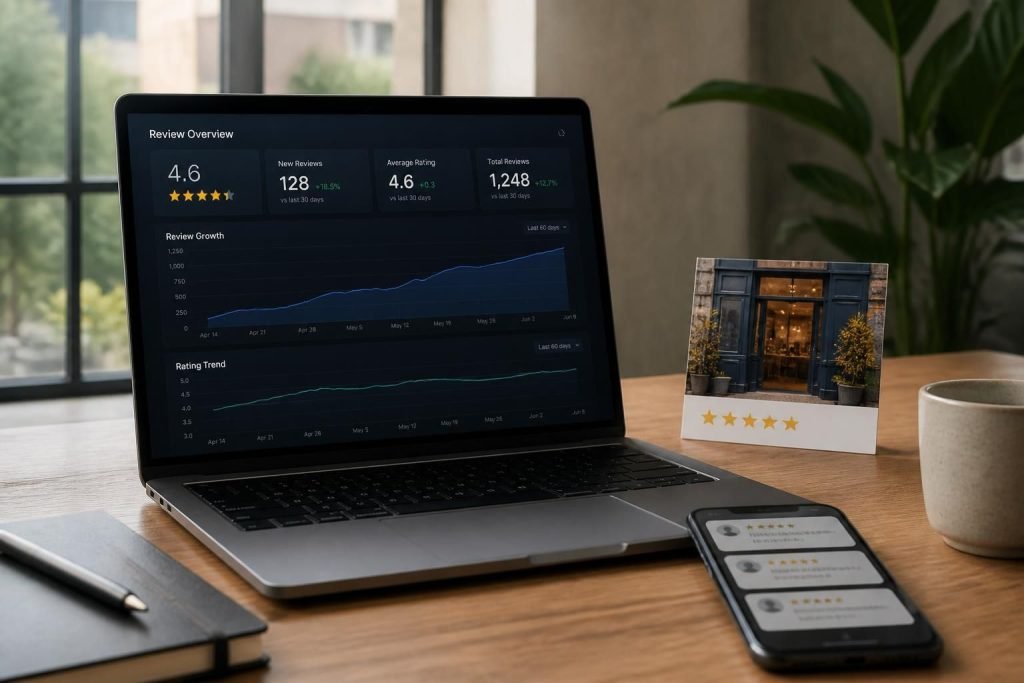 Modern workspace with laptop showing review growth and reputation trends.