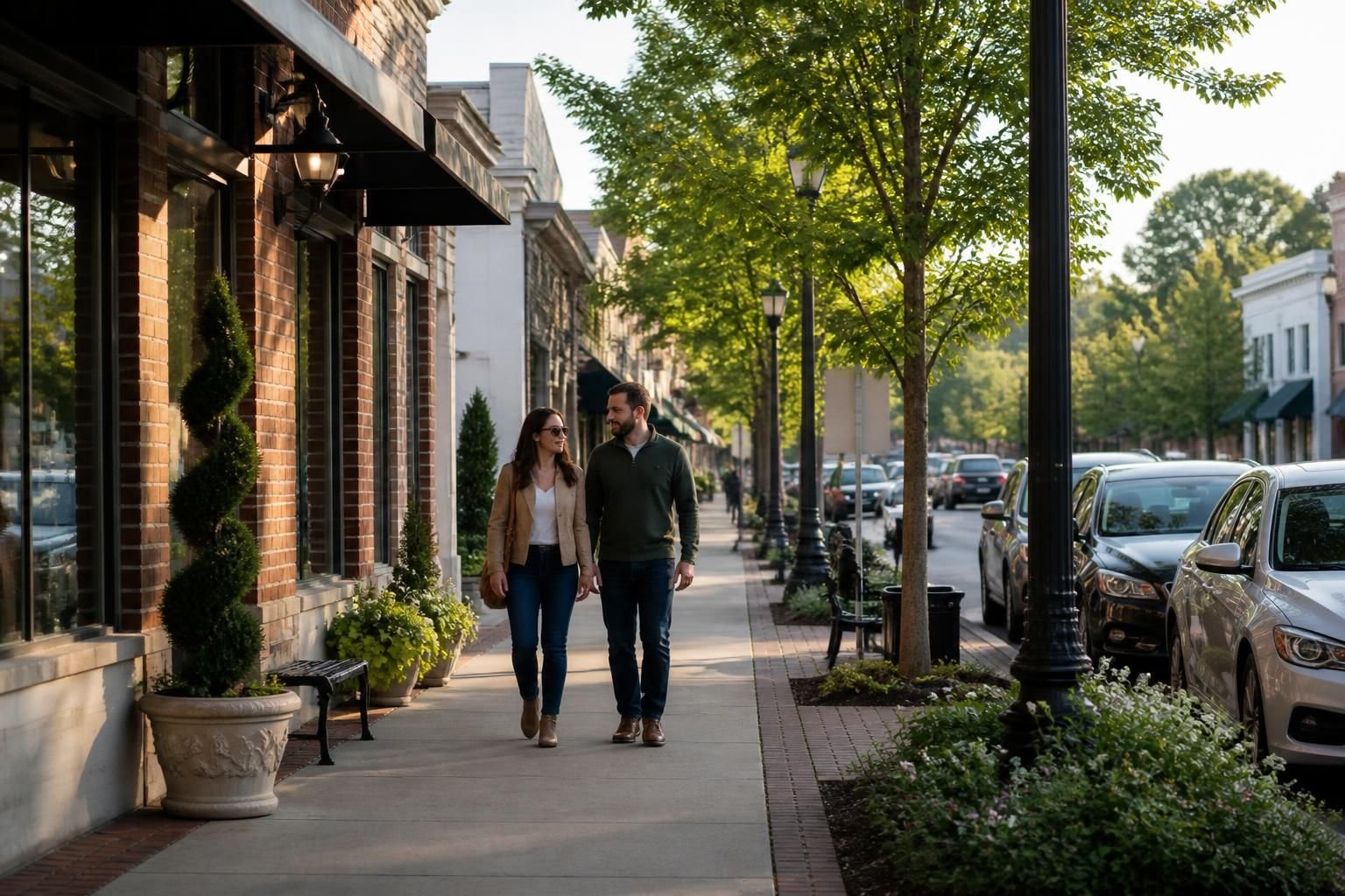 Welcoming Woodstock commercial district with tree-lined streets.